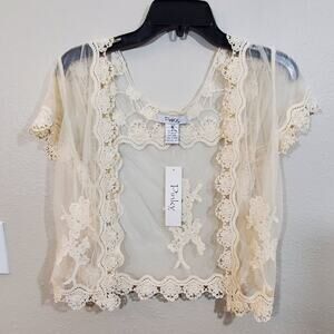 Pinky cream lace crocheted‎ boloero jacket Cardigan coverup Size Medium New